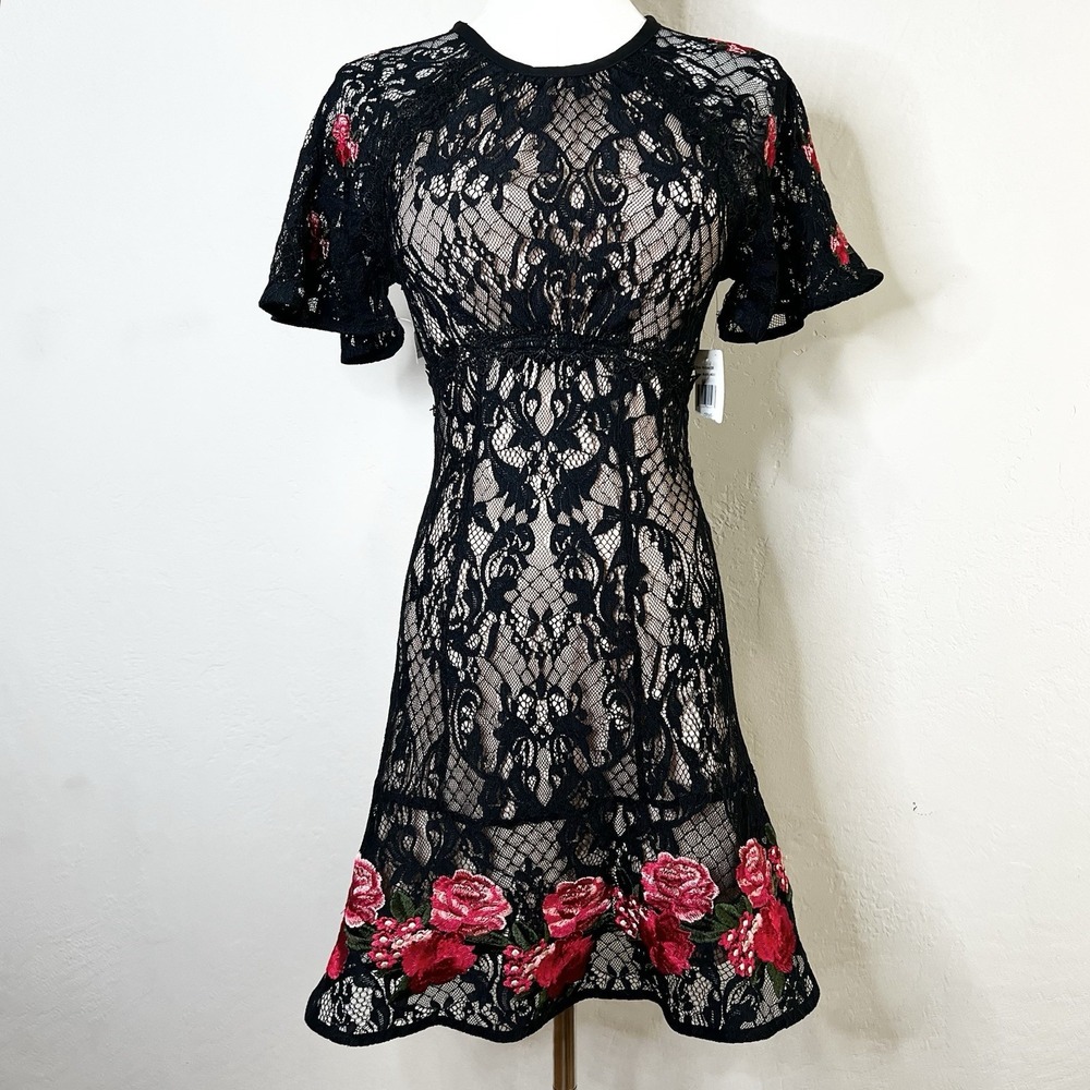 Foxiedox Mini Dress Black Lace Embroidered Floral Short Sleeve Flounce Size XS